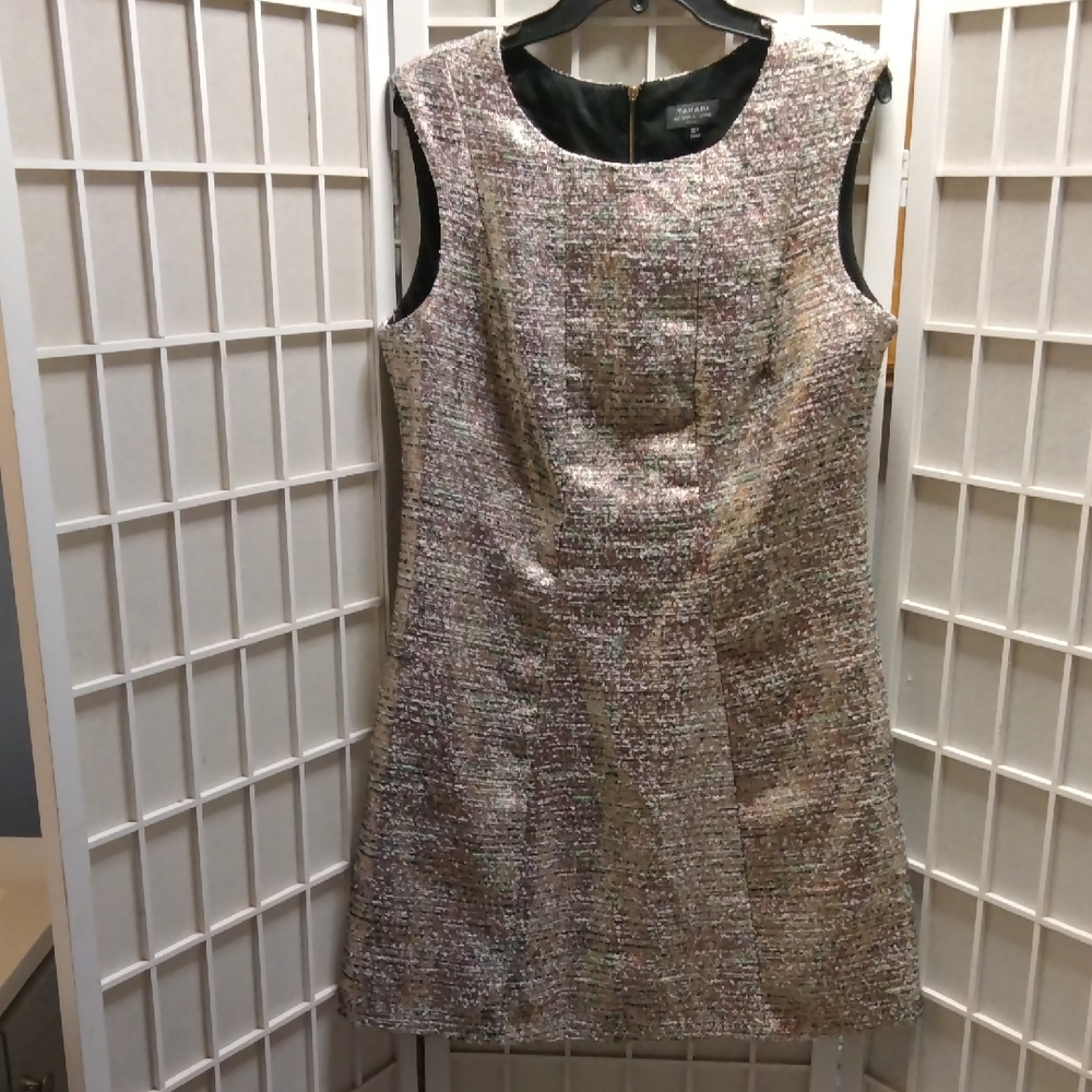 Tahari Silver Multi Color Sheath Mini Dress Sleeveless Crew Neck